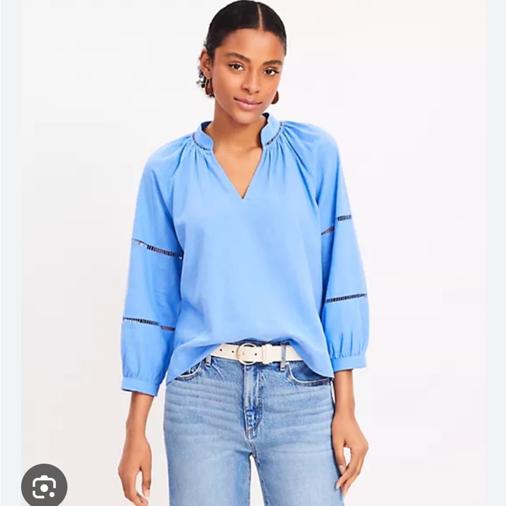 LOFT Petite Cutout Trim Linen V-Neck Top